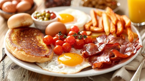 A plate of breakfast food with eggs, bacon and toast, AI