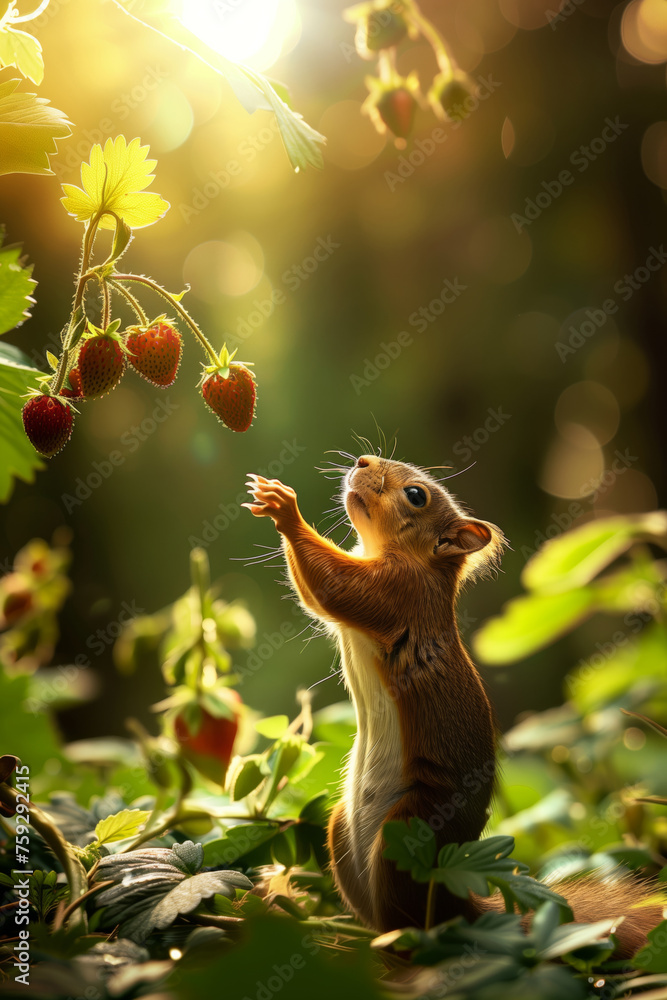 Fototapeta premium A squirrel reaches for strawberries against the background of a sunny forest