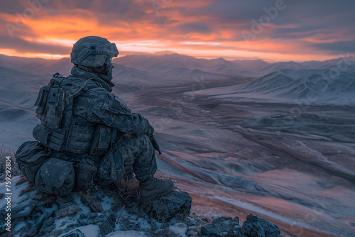 Soldier standing proudly on a mountain. Soldier concept © MALIK