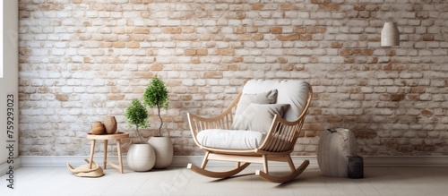 Cozy Setup with Rocking Chair  Rug  and Basket against White Brick Wall