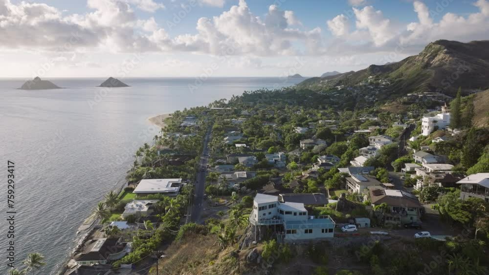 Oahu island Hawaii aerial view above ocean view houses. Real estate background Hawaii properties. Luxury beach cottages. Lanikai beach aerial panorama. Small quit town Lanikai famous by scenic beach Oahu island Hawaii aerial view above ocean view houses. Real estate background Hawaii properties. Luxury beach cottages. Lanikai beach aerial panorama. Small quit town Lanikai famous by scenic beach