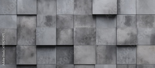A detailed view of a grey concrete wall with rectangular squares, creating a symmetrical pattern. The parallel lines and tints give the facade a modern look © 2rogan