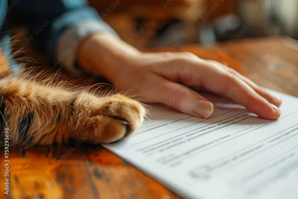 Obraz premium Signing a pet medical insurance contract. Contract form, person's hand and cat's paw on the table. Animal life insurance, pet care, animal protection.
