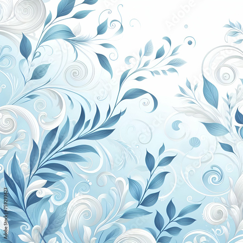 A Beautiful Magical Fantasy Light Blue, White, & Silver Bluish Blooming Abstract Abstraction Fabric Background with Swirls & Floral Leaves & Paisley with Copy Space. Greeting Card 3D Botanical Mural. 