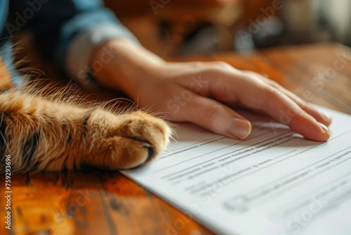 Signing a pet medical insurance contract. Contract form, person's hand and cat's paw on the table. Animal life insurance, pet care, animal protection. photo
