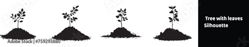 Black silhouette of small shoot of tree with leaves in pile of soil isolated on white  photo