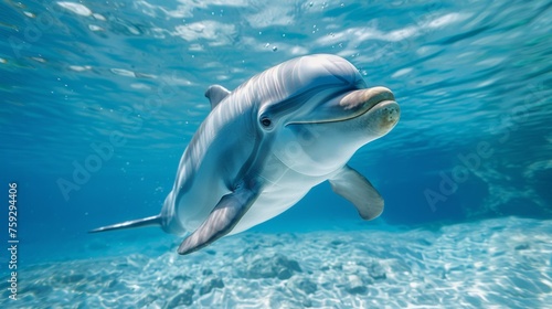 A dolphin swimming in the ocean under blue water, AI