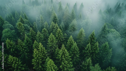 A view of a forest with trees and fog in the background, AI