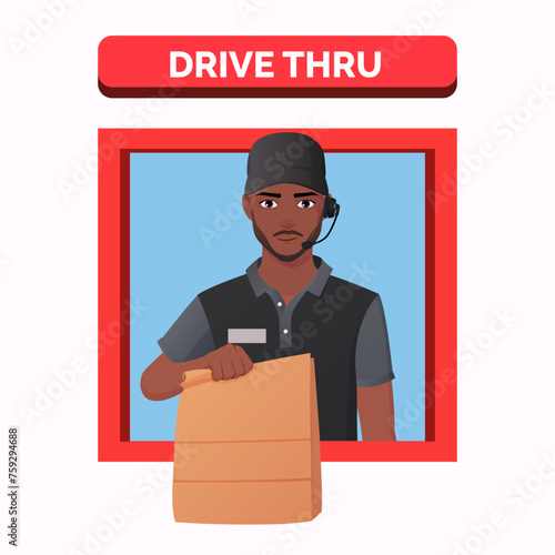 Fast Food Restaurant worker Serving Order at a Drive Thru window, African-American Man Serving Take Away Meal. Vector Illustration