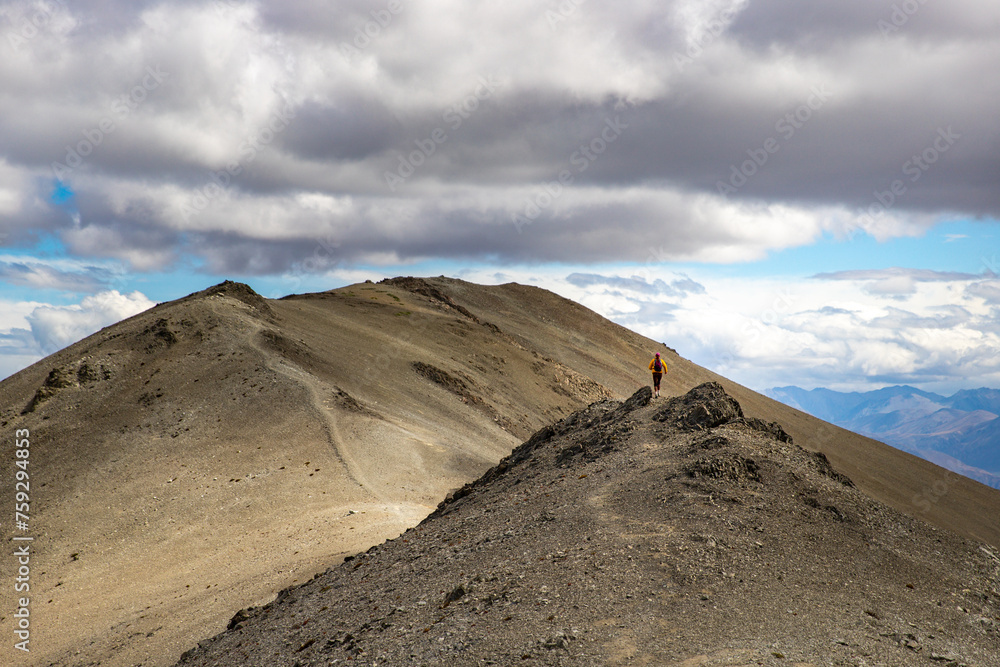 brave hiker climbing a steep, highly challenging track to Castle Hilll Peak in Korowai/Torlesse Tussocklands Park, near Sheffield, Canterbury, new zealand south island, Mountains close to Christchurch brave hiker climbing a steep, highly challenging track to Castle Hilll Peak in Korowai/Torlesse Tussocklands Park, near Sheffield, Canterbury, new zealand south island, Mountains close to Christchurch