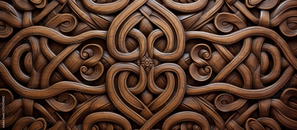 Wood Carving, Wooden Geometric Ornament. Background of Intricately Carved Wood in Earth Tones.