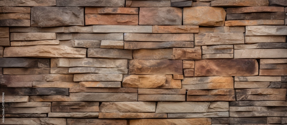 Fototapeta premium A detailed closeup of a brown brick wall made of rectangular bricks, a classic building material composed of composite materials like wood and rock