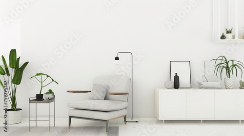 A white room with a chair, potted plants and other items, AI