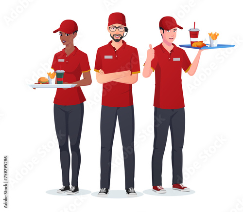Diverse Fast Food Restaurant Team, Employees, staff Serving Burger and Drinks. Vector File