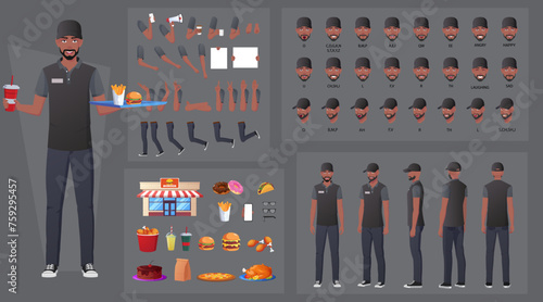 Restaurant Worker Character Creation and Animation Pack, Black Man Wearing Work Uniform with Various Foods, Hand Gestures, Mouth Animation and Lip Sync. Vector Illustrations