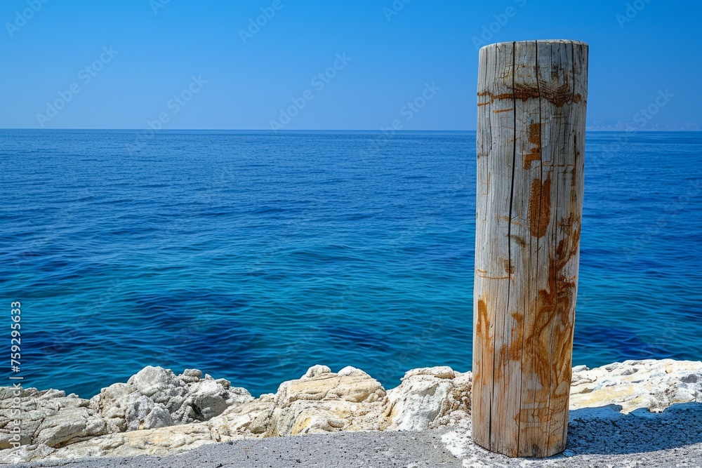 Fototapeta premium A wooden pier with a blue and white color scheme. The pier is located in the ocean and is surrounded by water. The image has a calm and peaceful mood, as it captures the beauty of the pier
