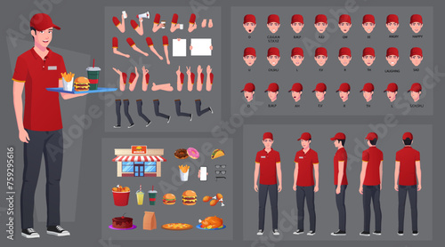 Fast-food, Restaurant Worker Character Creation and Animation Pack, Man Wearing Red uniform with Various Foods, Hand Gestures, Mouth Animation and Lip Sync. Vector Illustration