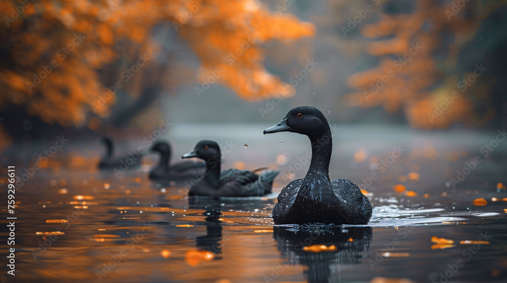Fototapeta premium Black ducks swimming in a serene autumn lake with fallen orange leaves