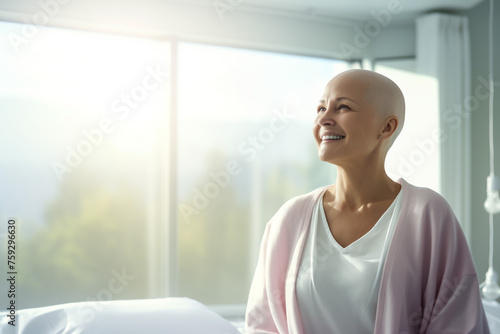 Portrait of a happy, elderly woman in a headscarf for cancer patients, recovering from illness photo