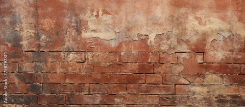 A closeup photo of a brown brick wall with peeling paint  showcasing intricate brickwork patterns on the rectangular building material
