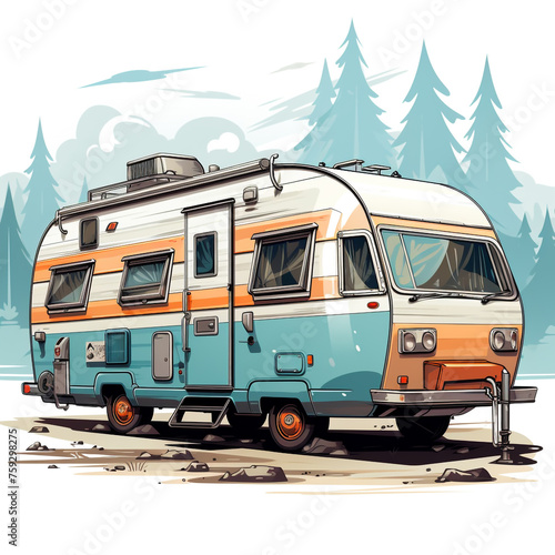 Wallpaper Mural 2D cartoon style illustration of a camper vehicle with a white background. This vehicle is used for long distance travel and the driver will live in it. Torontodigital.ca