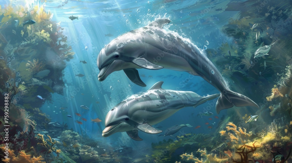 Obraz premium Two dolphins swimming in a coral reef under the water, AI