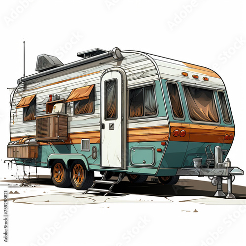 Wallpaper Mural 2D cartoon style illustration of a camper vehicle with a white background. This vehicle is used for long distance travel and the driver will live in it. Torontodigital.ca