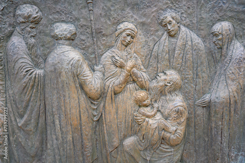 The Presentation of Jesus – Fourth Joyful Mystery of the Rosary. A relief sculpture on Mount Podbrdo (the Hill of Apparitions) in Medjugorje.