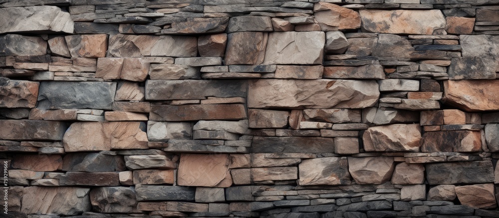 A detailed closeup of a stone wall showcasing various types of rocks, creating a unique pattern. The wall is made of composite materials such as bedrock, brickwork, and building materials