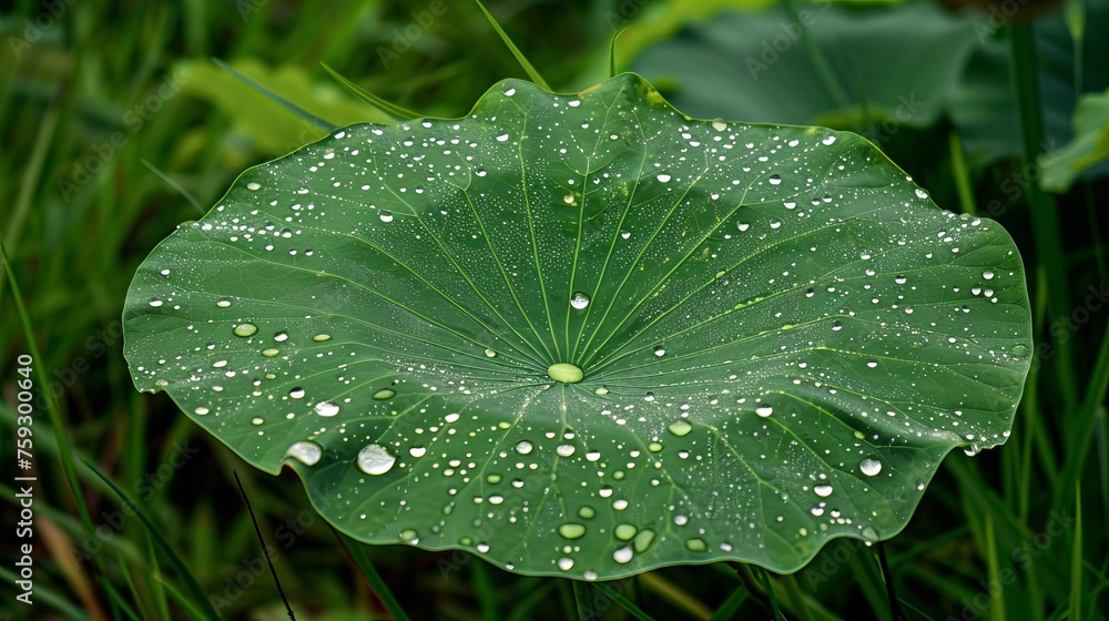 "A lotus leaf covered in water droplets, surrounded by green grass with dew drops."
 - obrazy, fototapety, plakaty 