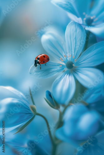 A close-up of a ladybird beetle on a blue flower