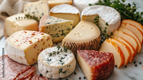 a variety of cheeses and meats on a white plate with garnishes on top of them.