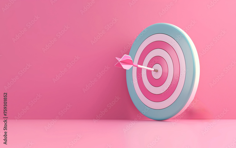 3D model of a target with a dart in the centre, an arrow hitting the target on a pink background 3D model of a target with a dart in the centre, an arrow hitting the target on a pink background