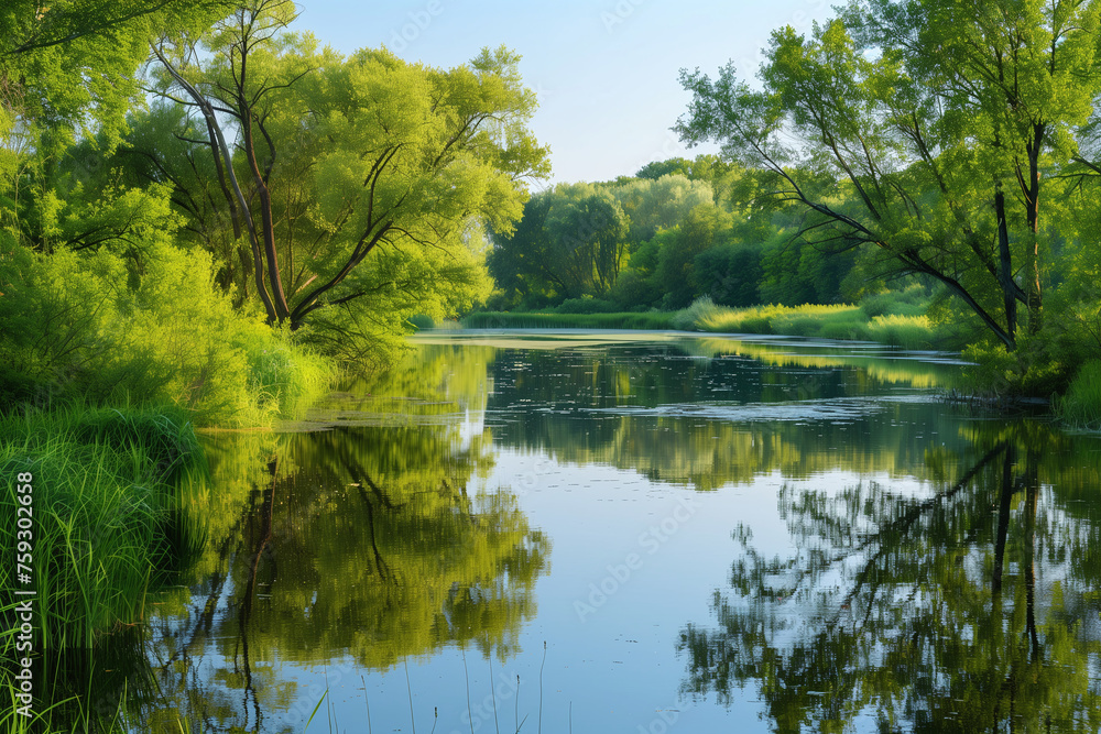 Restored River Ecosystem Thriving in Lush Green Landscape Restored River Ecosystem Thriving in Lush Green Landscape