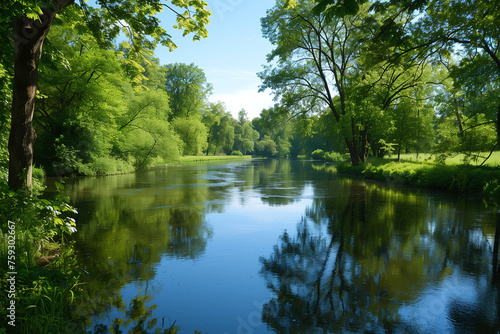 Tranquil River Winding Through a Lush Green Forest