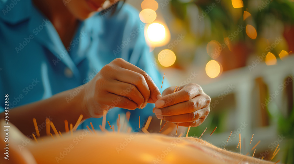 Obraz premium Acupuncture, acupuncture, an effective method of treatment, Oriental medicine, the doctor inserts thin needles into important points of the patient's body, getting rid of pain