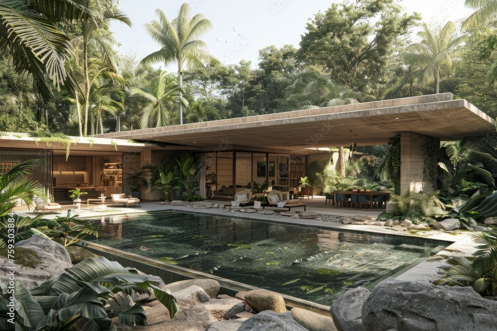 Fototapeta premium A large house with a pool and a lot of windows. The house is very modern and has a lot of natural light coming in