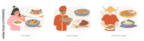 Oriental cuisine isolated concept vector illustration set. Thai, Indian and Vietnamese cuisine, spicy taste, asian recipe, homemade curry, vegetarian menu, spring roll, noodle vector concept.