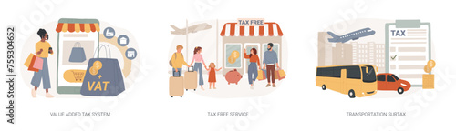 Transportation taxes isolated concept vector illustration set. Value added tax system, tax free service, transportation surtax, VAT number, purchase cost, transit service fee vector concept. photo