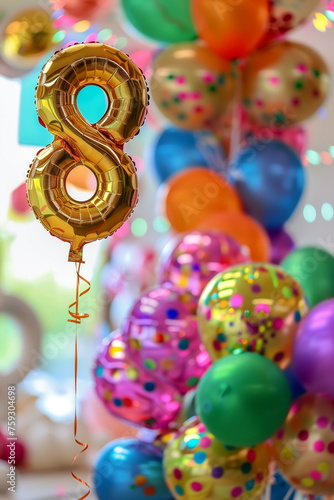 Golden helium floating balloon on string made in shape of number eight. Children birthday party for 8 years celebration. Banner or greeting card