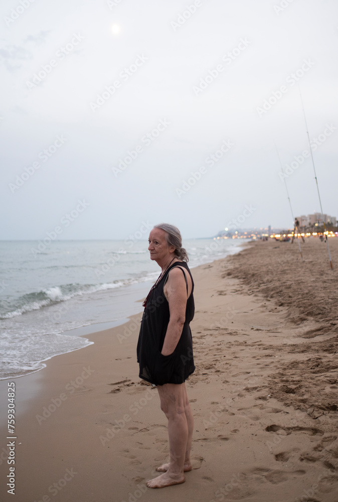 Woman standing on the shore of the sea at twilight Woman standing on the shore of the sea at twilight