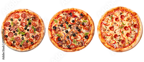Collection of whole cheesy pepperoni Italian pizza, isolated cutout food on transparent background
