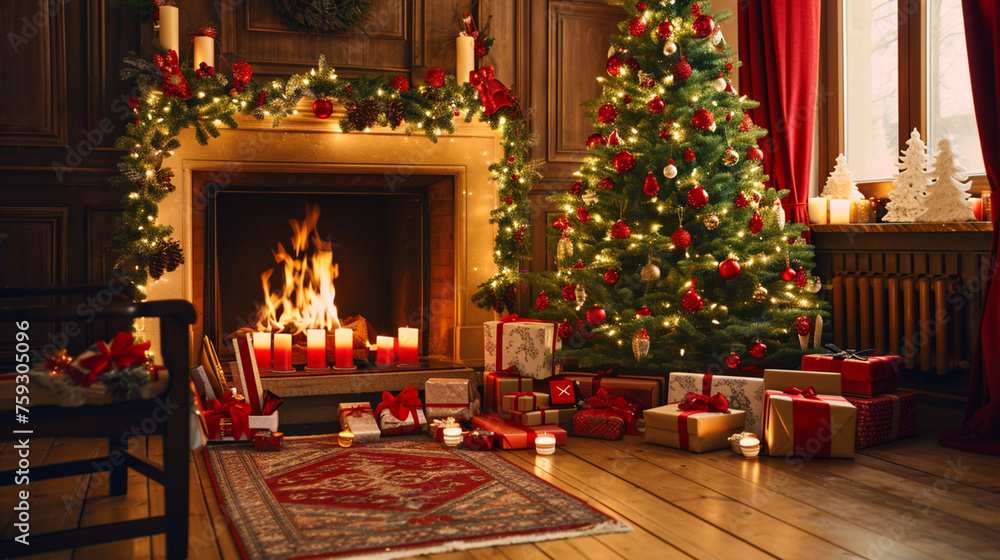 Interior of living room with fireplace, Christmas tree and gifts . Generative Ai