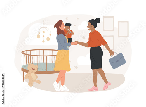 In-home daycare isolated concept vector illustration. In-home caregiver service, child care, housekeeper, help with kids, daycare assistance, early education, nanny for baby vector concept.