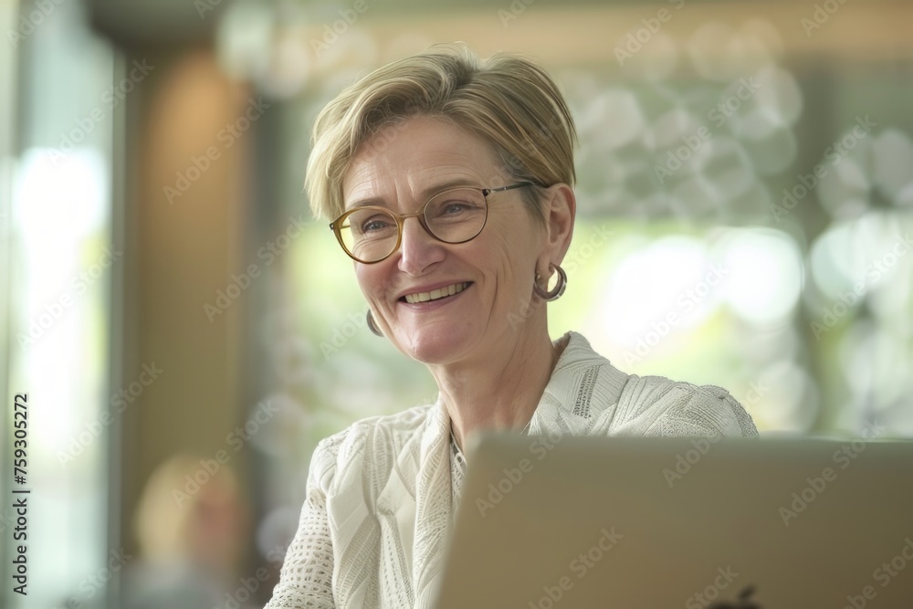 Smiling mid aged business woman in office looking at laptop computer Smiling mid aged business woman in office looking at laptop computer