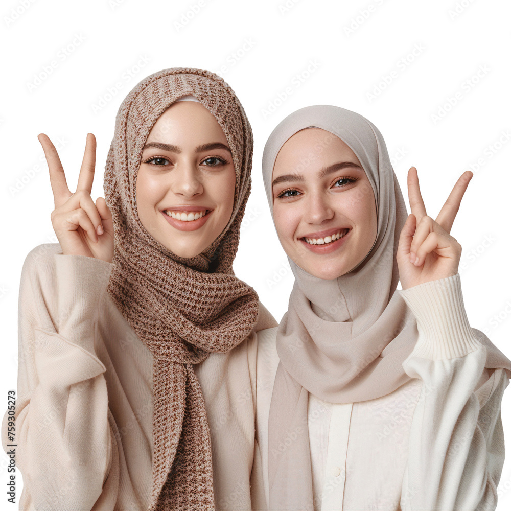 Happy smiling two young middle eastern woman with peace pose, isolated cut out on transparent background Happy smiling two young middle eastern woman with peace pose, isolated cut out on transparent background