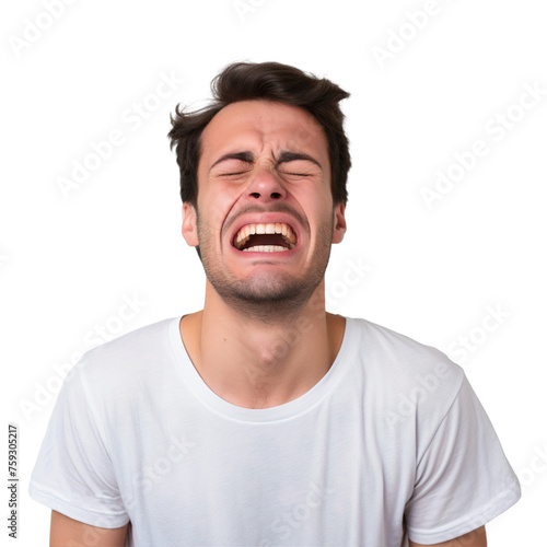 Portrait of tired young man feeling pain, isolated cut out people on transparent background