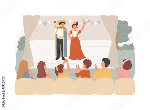 Theatre camp isolated concept vector illustration. Theatre training for kids, summer vacation camp, holiday acting program, young actor course, children drama school performance vector concept.