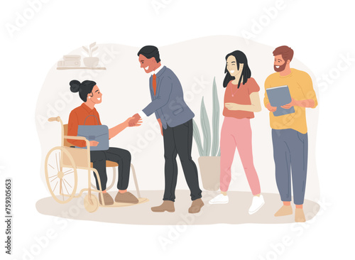 Disabled employment isolated concept vector illustration. Person with disability job, hiring disabled people, company employment policy, inclusivity program, diversity support vector concept.