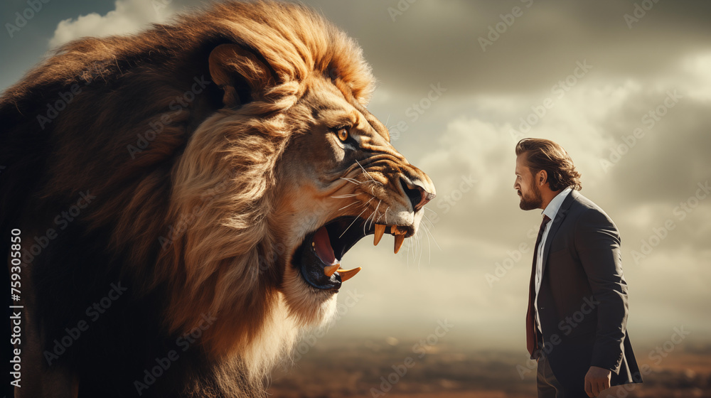 ライオンを戦うビジネスマン「AI生成画像」 - obrazy, fototapety, plakaty 